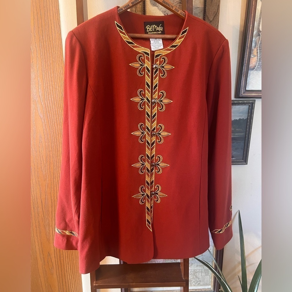 Vintage Bob Mackie Wearable Art Rust Color Blazer w/ Gold & Black Print Medium